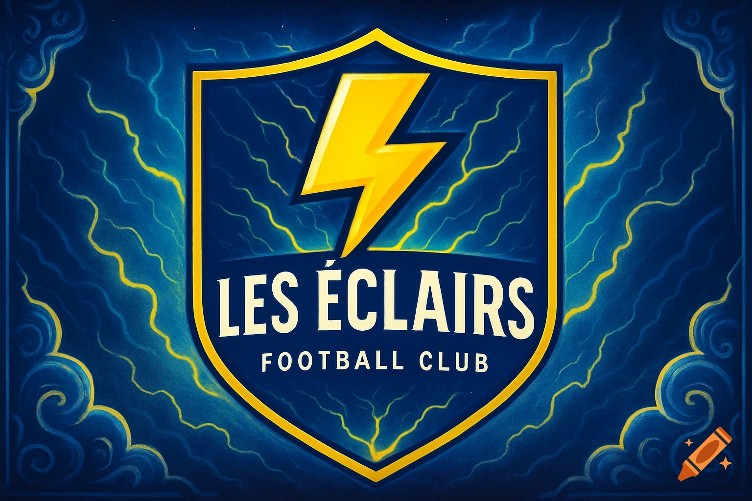 A blue and yellow shield logo with a lightning bolt and the text 'LES ÉCLAIRS FOOTBALL CLUB' on a stormy blue background.