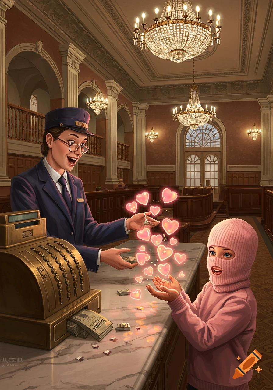 A bank clerk joyfully gives glowing hearts from a cash register to a girl in a pink balaclava in a detailed digital illustration of a bank.