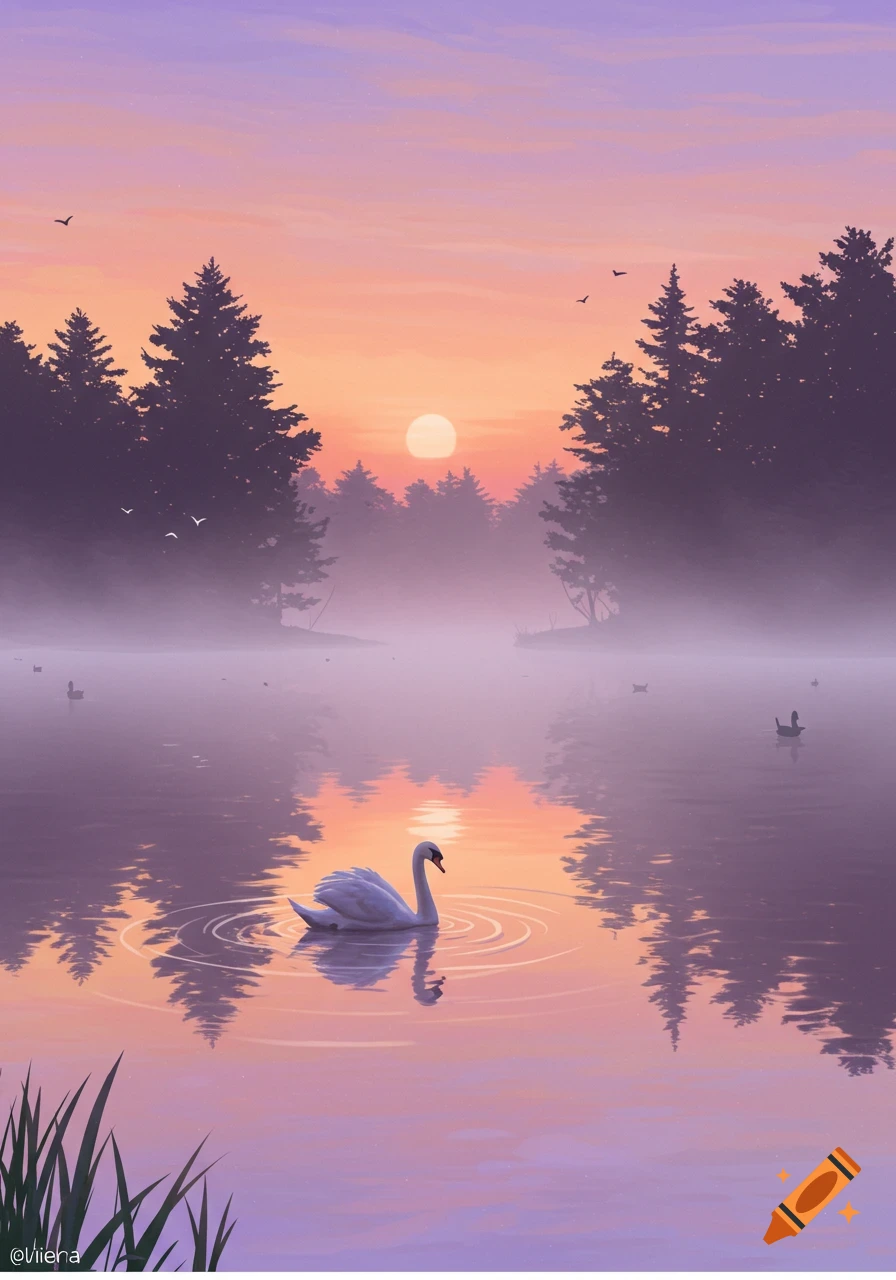 A serene digital painting of a white swan on a misty lake at sunset, surrounded by silhouetted pine trees.