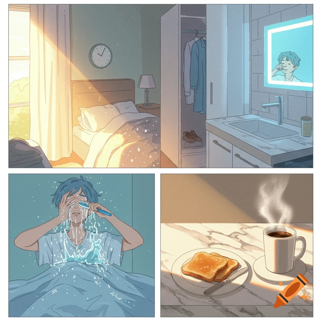 A multi-panel anime illustration depicting a person's morning routine: waking up, brushing teeth, and eating toast and coffee.