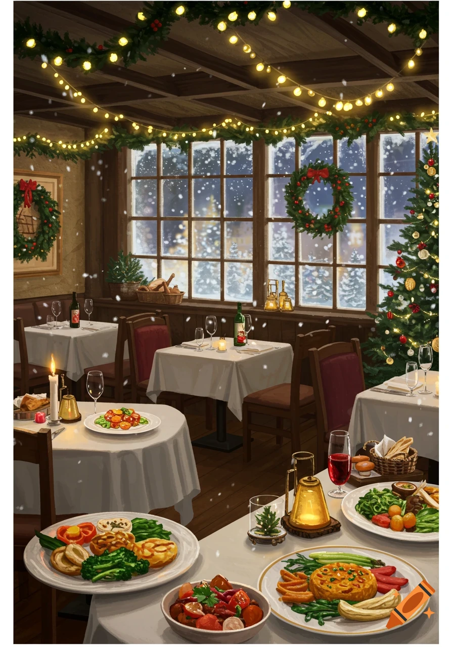 A cozy Christmas-decorated restaurant interior with tables set with vegetarian meals, wine, and candles. Snow falls outside large windows, and string lights illuminate the room.