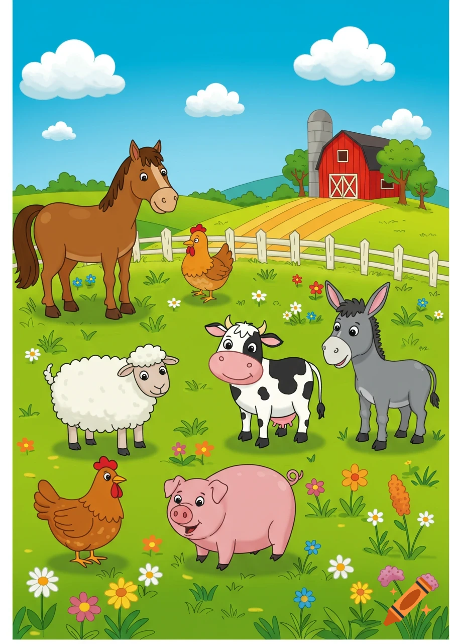 Cartoon farm scene with a horse, two chickens, a sheep, a cow, a pig, and a donkey in a green field with a red barn under a blue sky.