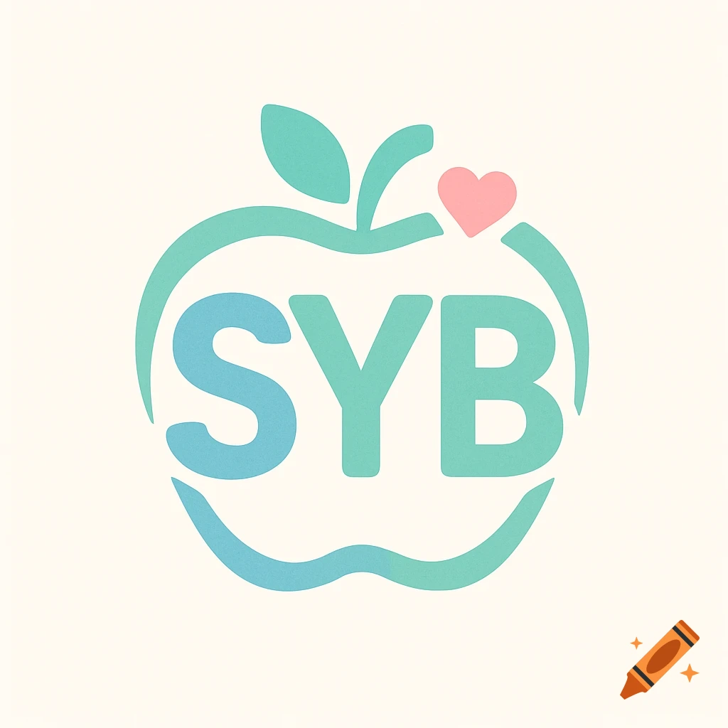 A logo featuring a stylized teal apple outline with a pink heart where the stem would be. Inside the apple, the letters "SYB" are rendered in blue and teal.