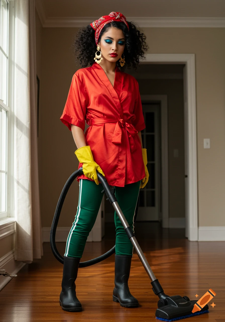 A photorealistic image of a Mexican Hispanic woman in a red robe, green pants, yellow gloves, and red headscarf vacuuming a wooden floor.