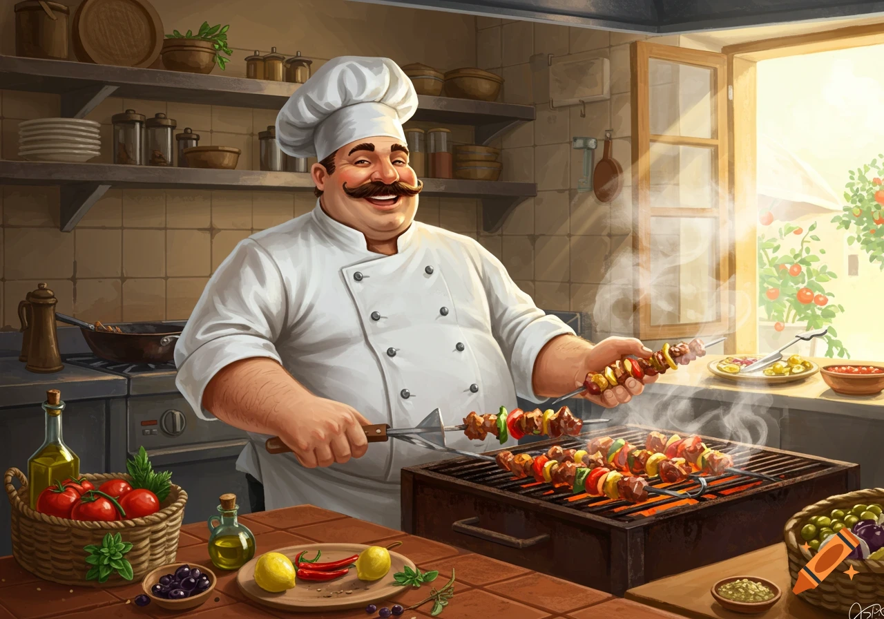 A smiling, portly chef with a mustache grills colorful skewers in a rustic kitchen, illustration.