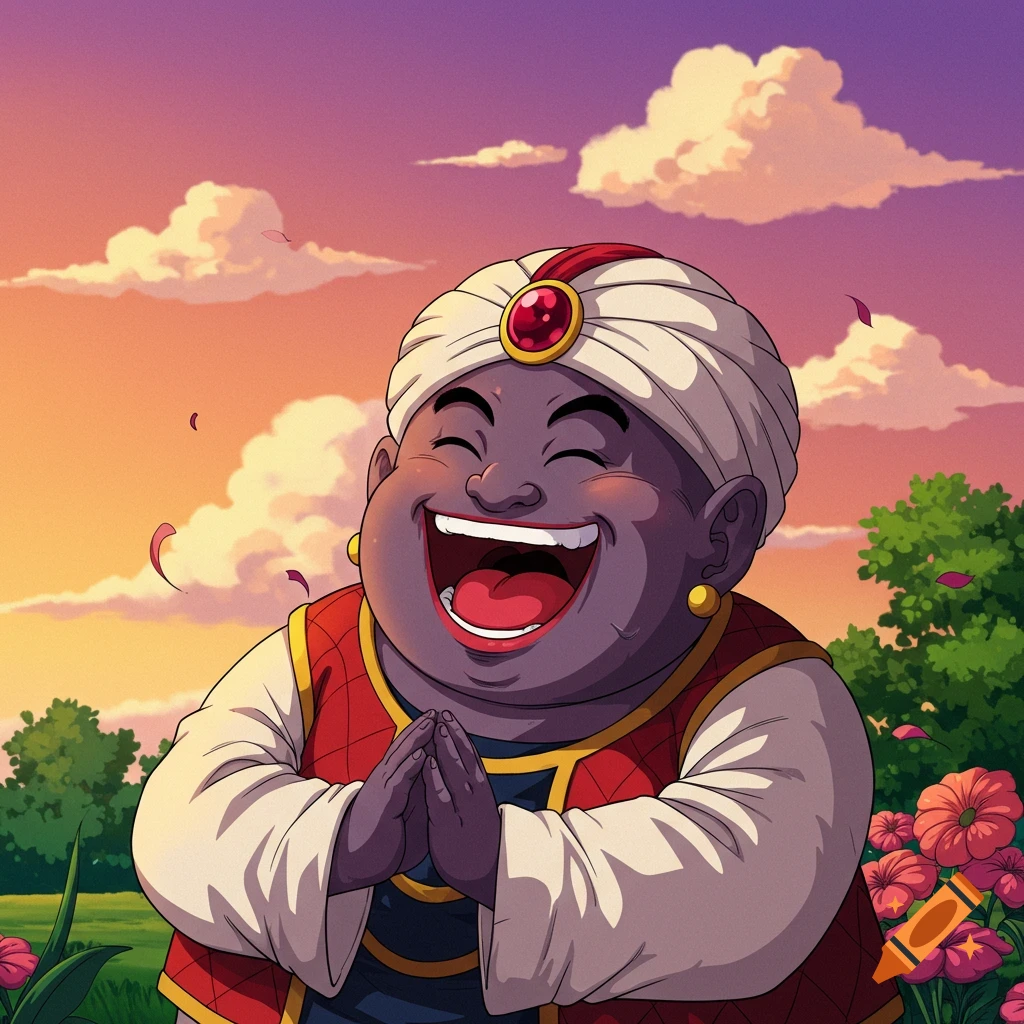 Mr. Popo, a dark-skinned character in a white turban and red vest, laughs heartily with hands clasped, against a sunset and flowers in anime style.