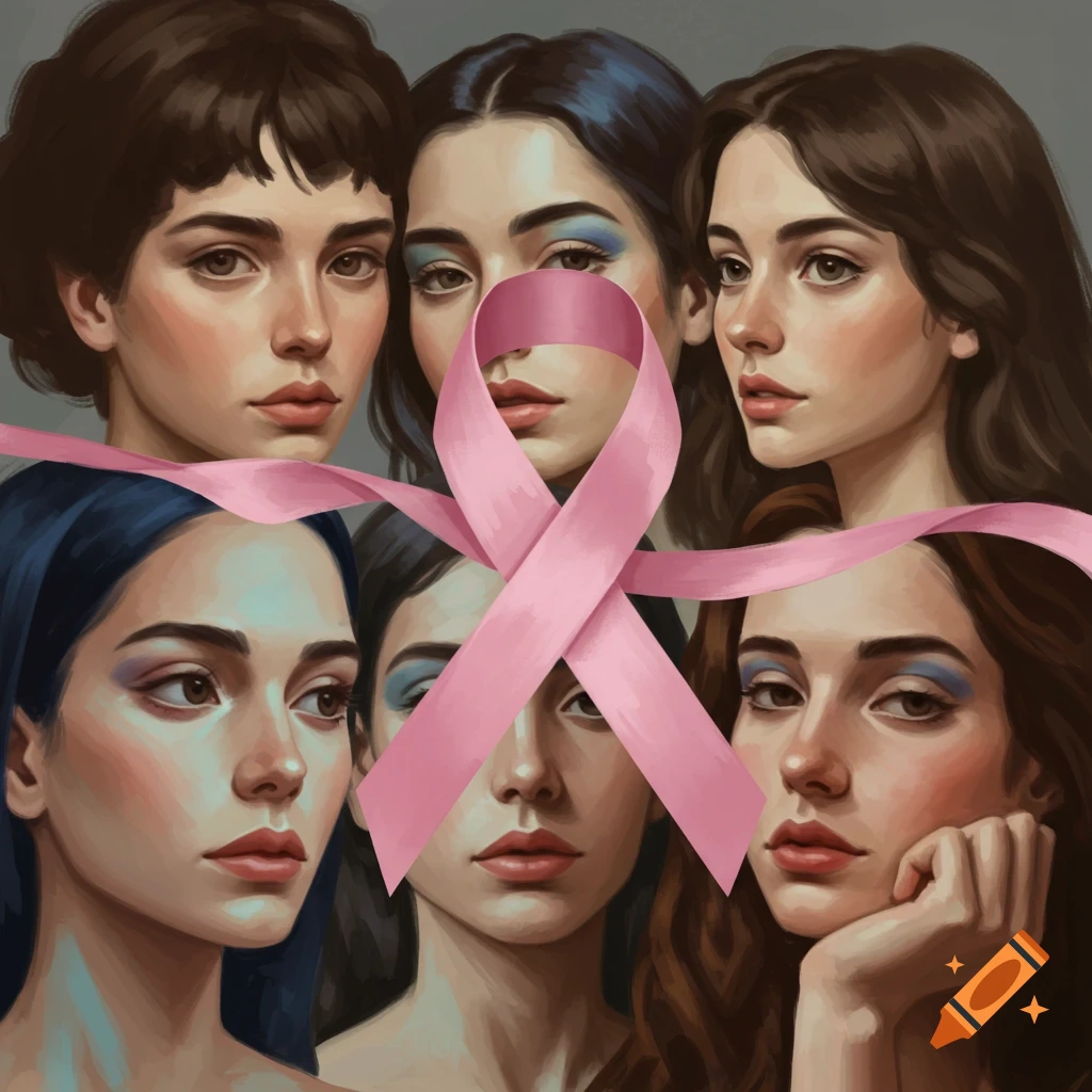 Artistic painting of six women's faces with a pink ribbon weaving through them.
