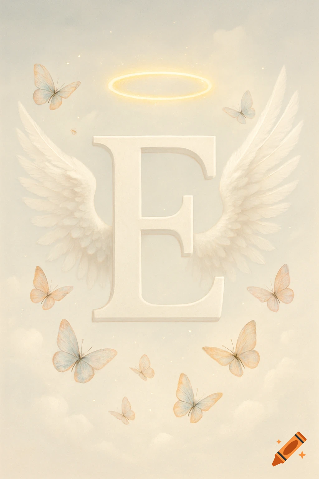 A large letter E with white angel wings, a glowing halo, and butterflies, set in a soft, ethereal style.