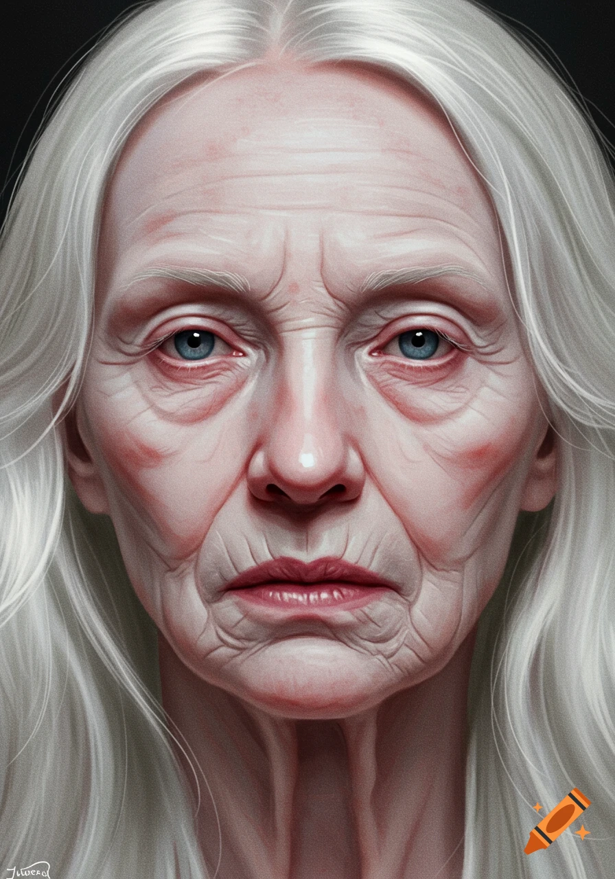Close-up digital painting of an older woman with pale skin, white hair, deep wrinkles, and piercing blue eyes.