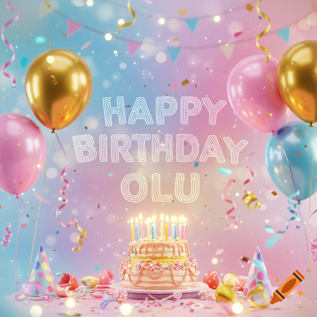 A festive birthday scene with a cake, lit candles, colorful balloons, confetti, and party hats. Text reads 'HAPPY BIRTHDAY OLU'.