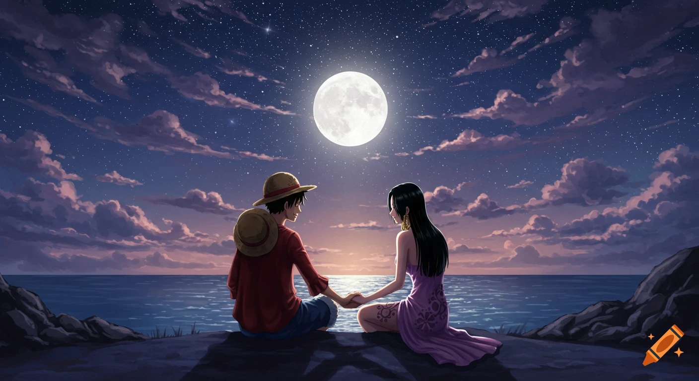 Anime characters Luffy and Hancock hold hands by the sea under a large full moon and starry, cloudy night sky.