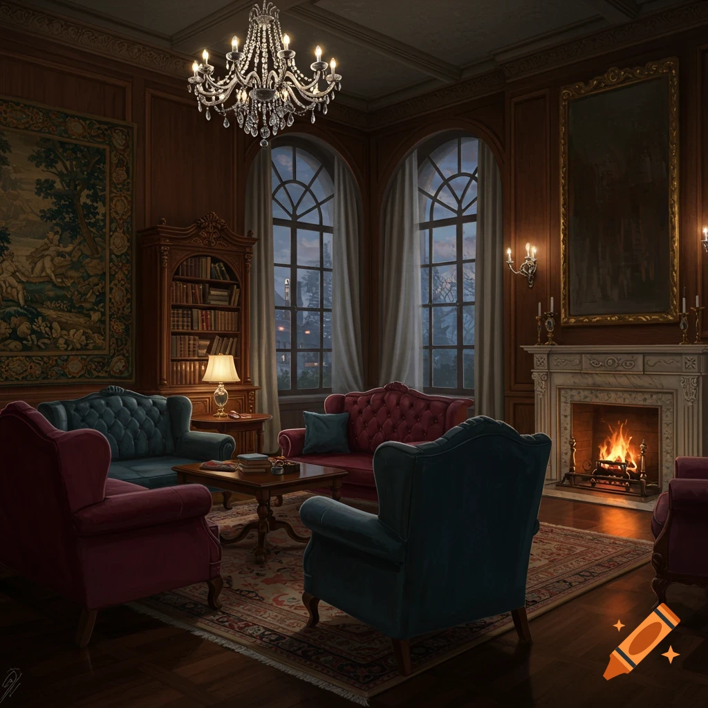 An elegant, dimly lit room with classic furniture, a roaring fireplace, chandelier, large arched windows looking out to trees, and a bookshelf.