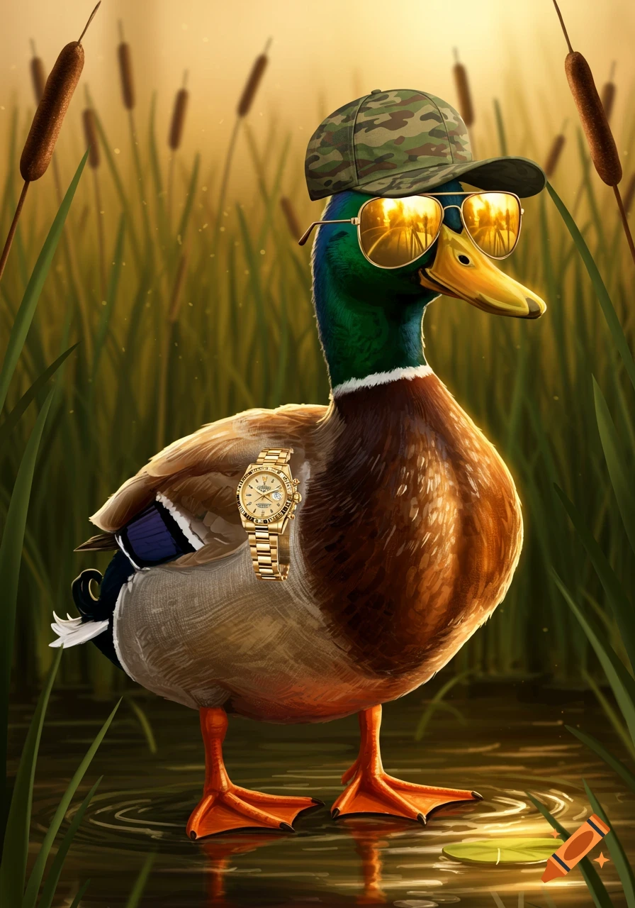 A cool mallard duck wearing a camouflage hat, golden sunglasses, and a golden watch stands in water with cattails at sunset.