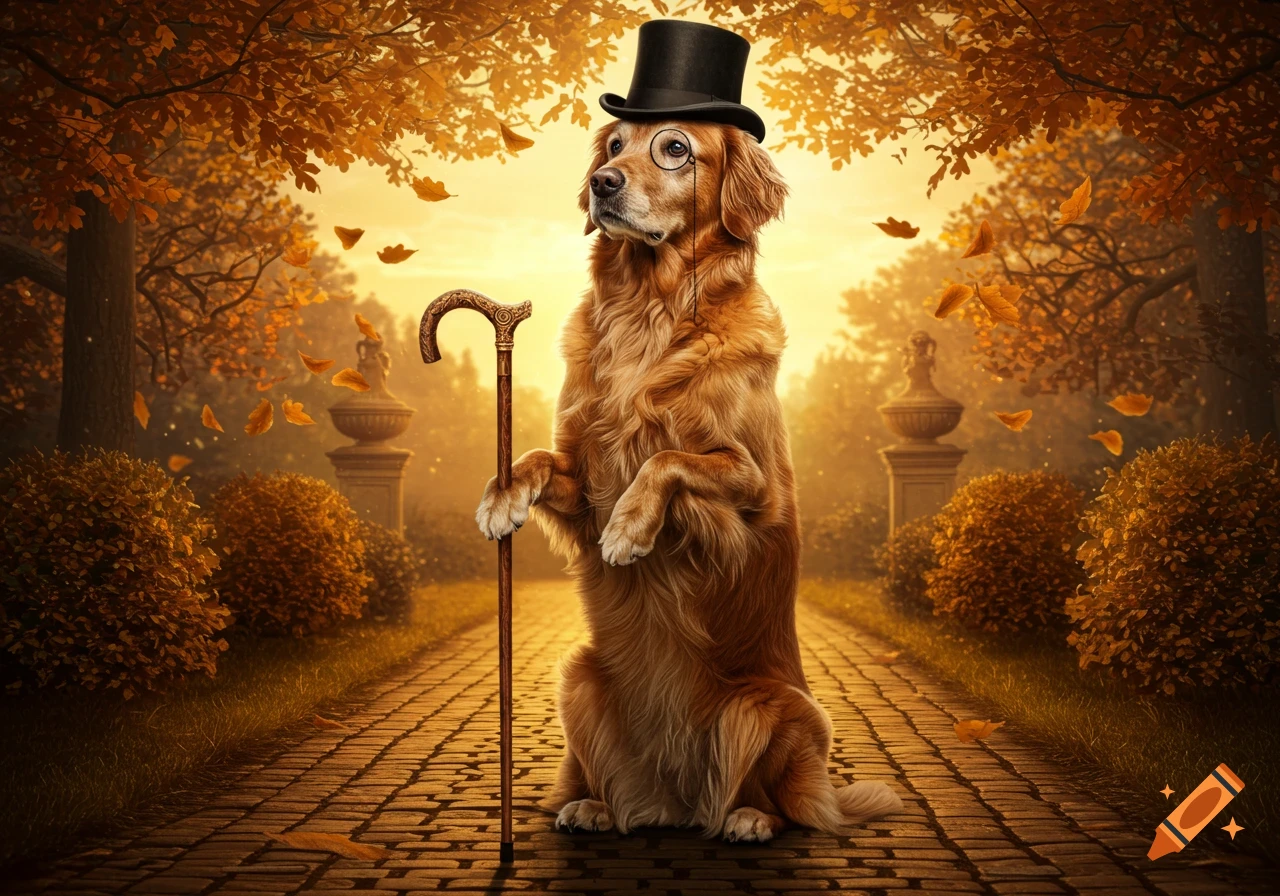A golden retriever wearing a top hat and monocle stands on its hind legs, holding a walking cane in an autumnal park.