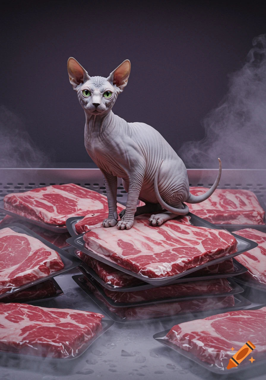Photorealistic image of a hairless Sphynx cat sitting on stacks of packaged raw meat in a misty cooler.