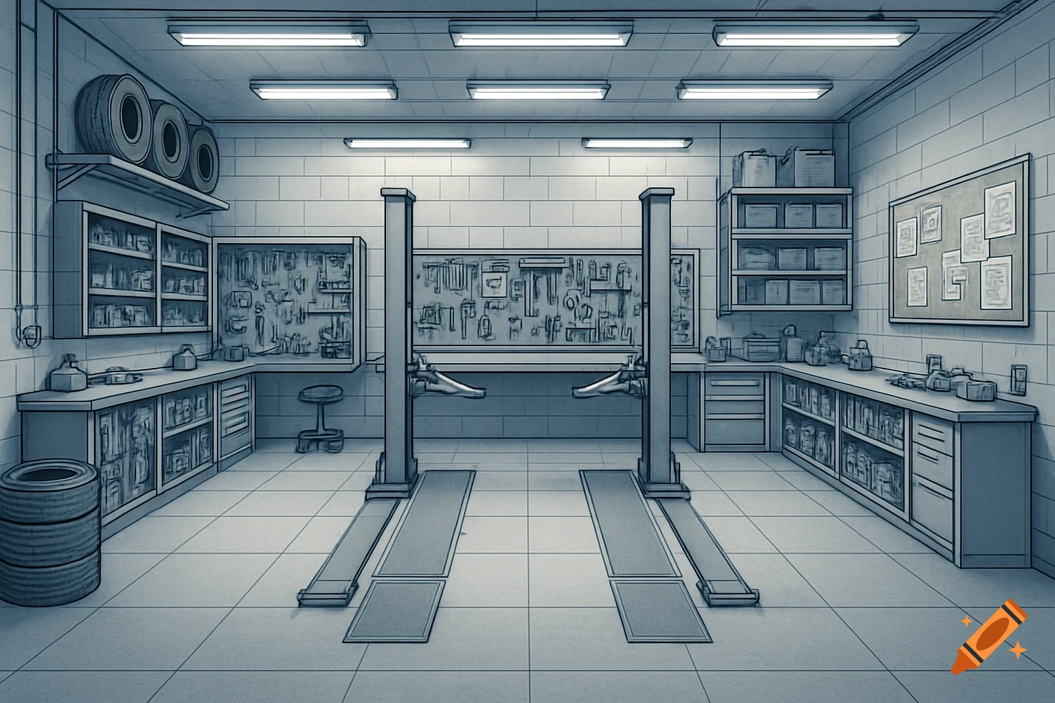 An illustrated mechanic's workshop with a car lift, tool boards, shelves, and tires, depicted in a blueprint-like style.