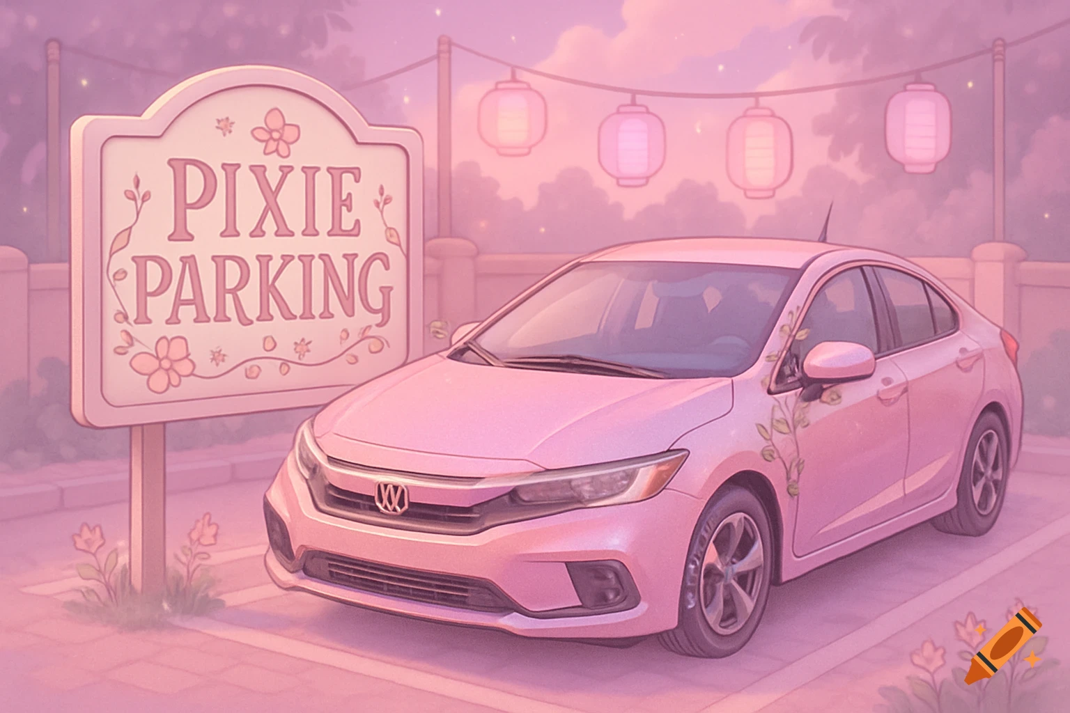 A pink sedan parked beside a 'PIXIE PARKING' sign, rendered in a soft, dreamy pink aesthetic with lanterns.