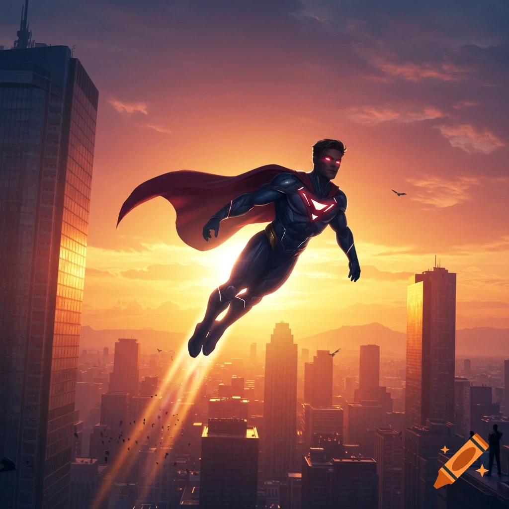 A superhero in a dark suit with a red cape and glowing red eyes flies above a cityscape at sunset, leaving a luminous trail.