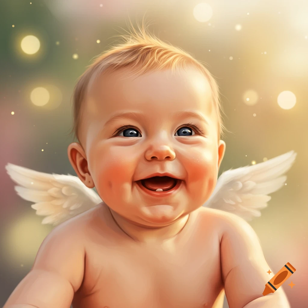 Close-up of a smiling baby with light brown hair, rosy cheeks, blue eyes, and small white angel wings, set against a soft, glowing background.