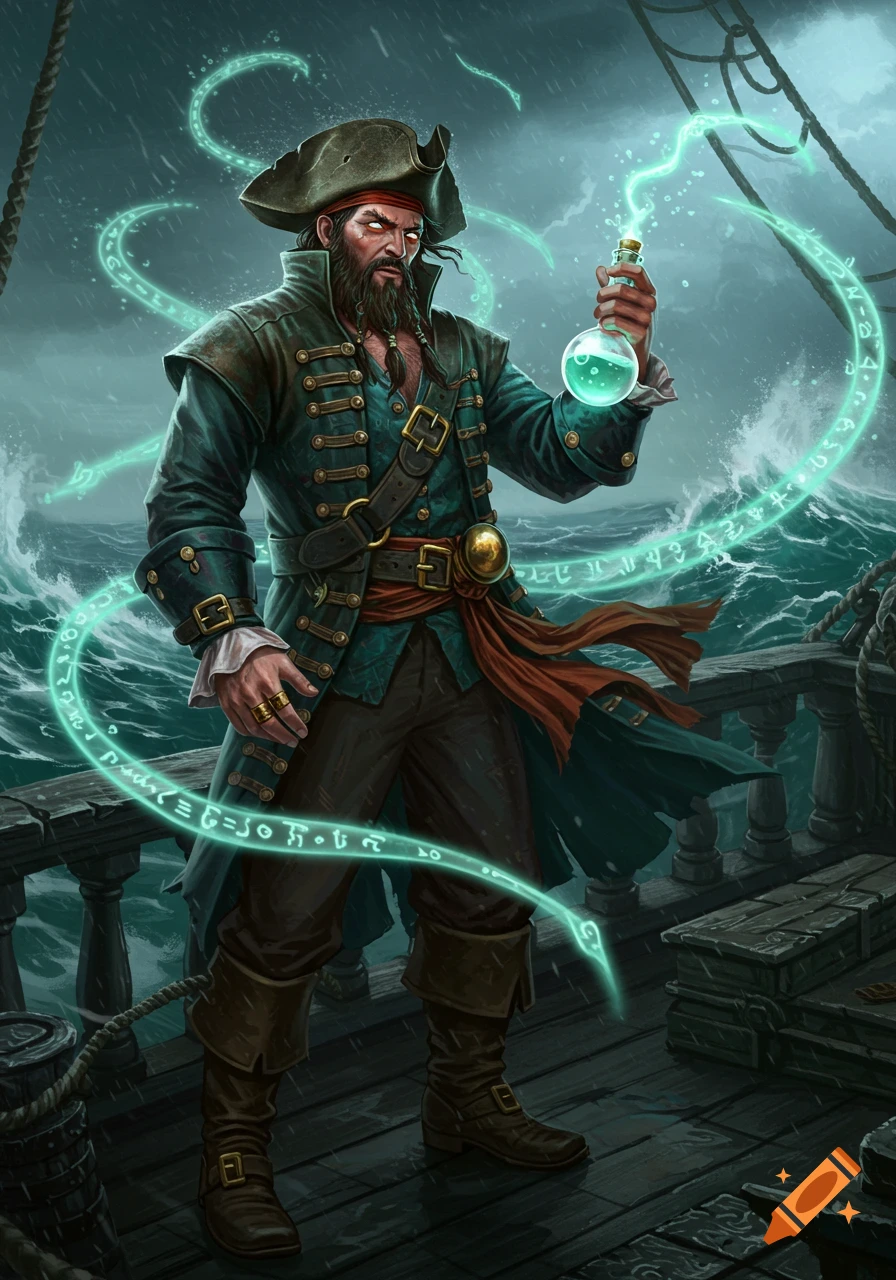 A bearded pirate alchemist in a tricorn hat and teal coat stands on a ship deck, holding a glowing green potion amidst a stormy sea and magical runes.