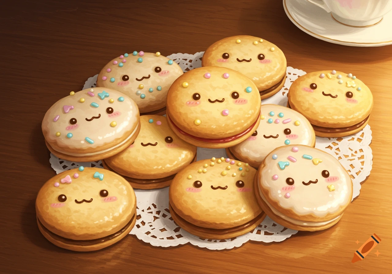 A pile of kawaii shortbread cookies with faces and colorful sprinkles, arranged on a white doily on a wooden table.