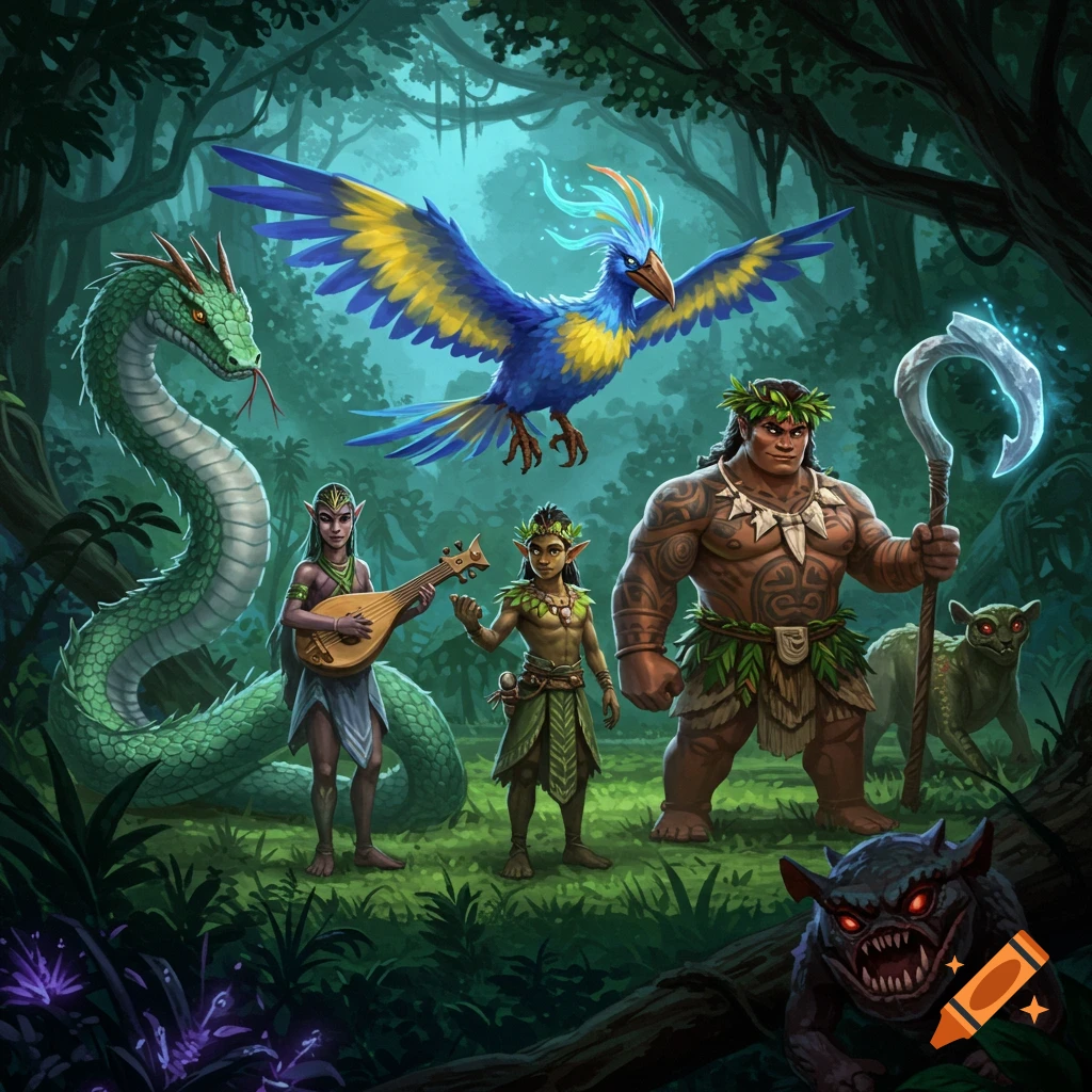 A colorful fantasy illustration of mythological creatures and characters in a dark jungle. It features a green naga, a blue and yellow thunderbird, two elves, a muscular Maui-like man, and two chupacabra-like monsters.