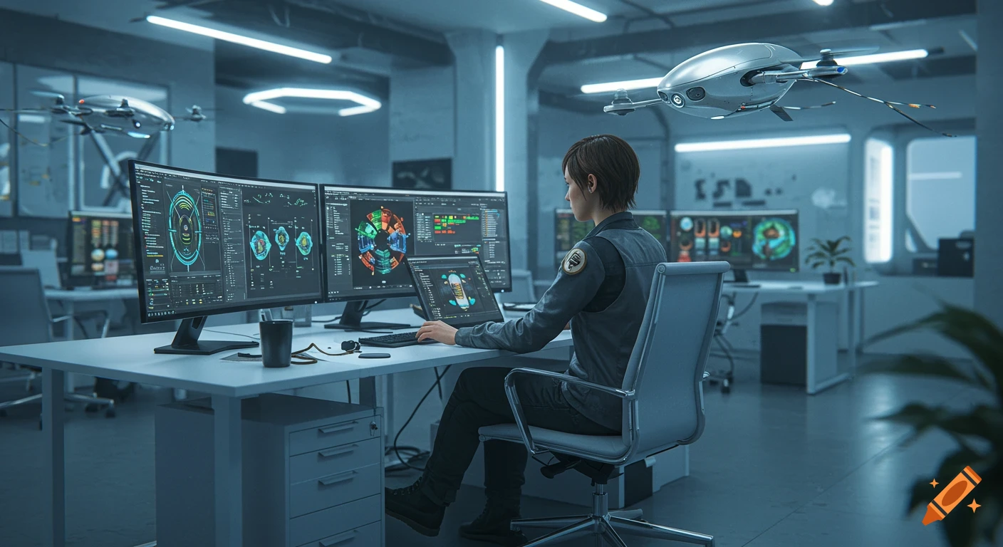 A woman works at multiple computer screens displaying data in a futuristic office, with drones flying overhead.