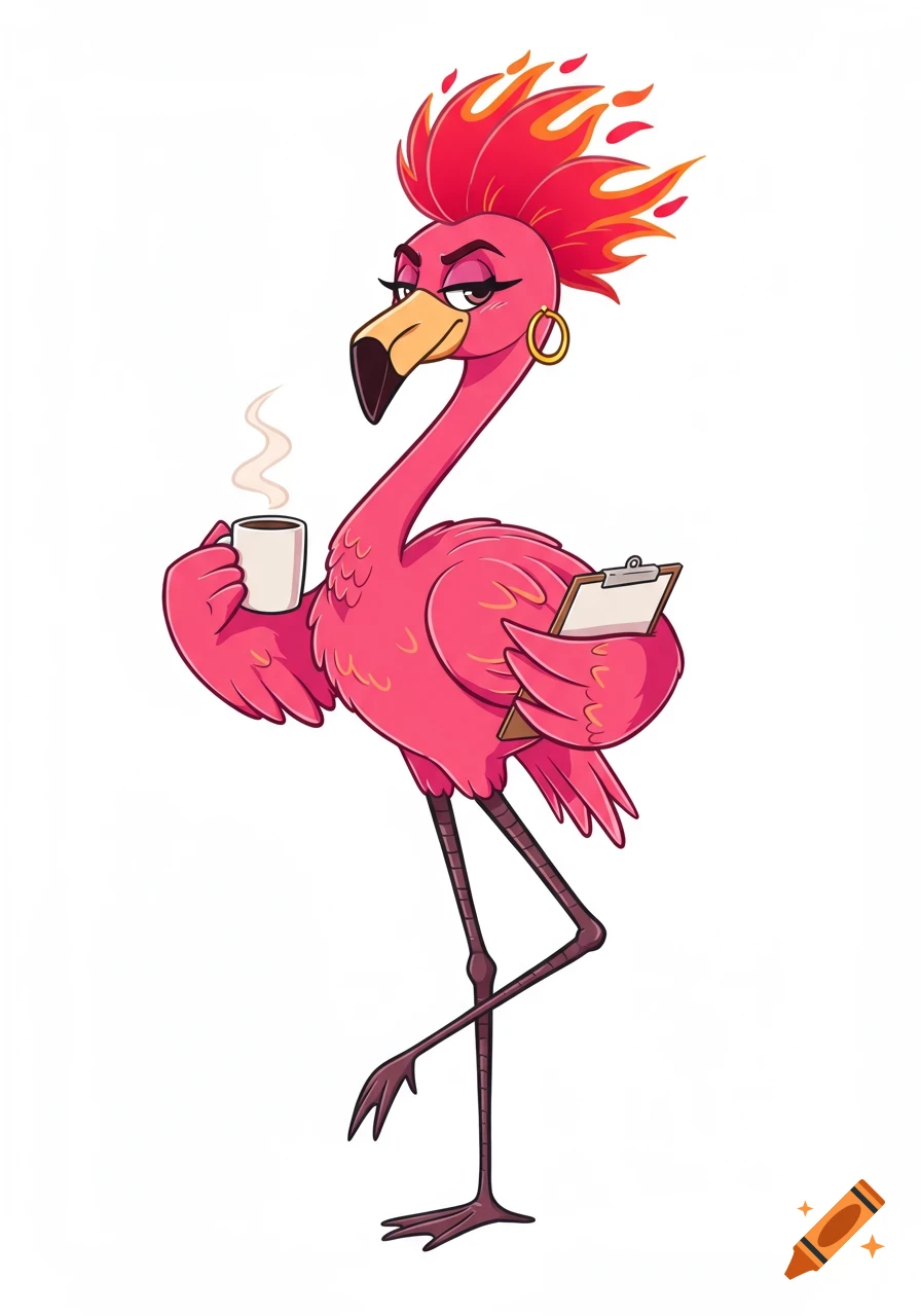 Sassy cartoon flamingo named Frankie with a fiery red-orange crest, holding a steaming coffee mug and a clipboard.
