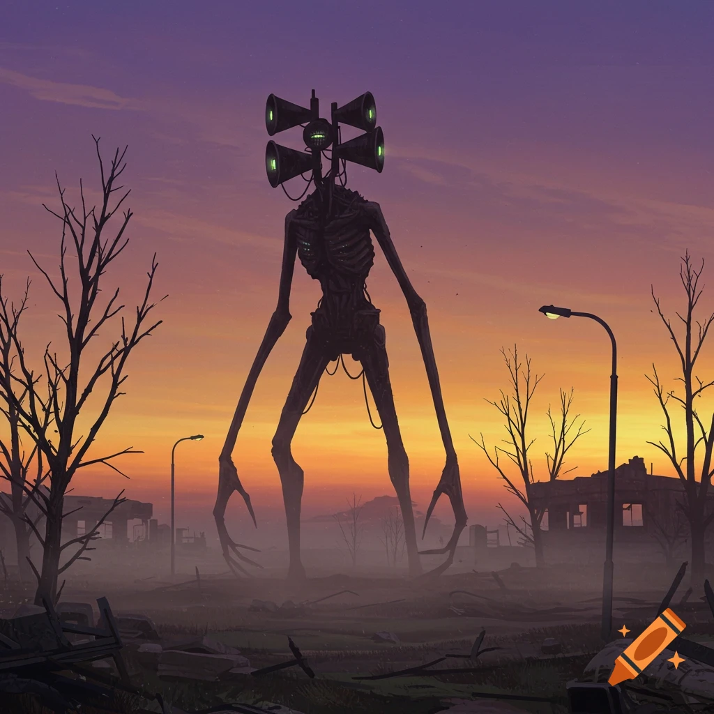 A tall, skeletal Sirenhead monster with multiple sirens for a head stands in a misty, ruined landscape at sunset.