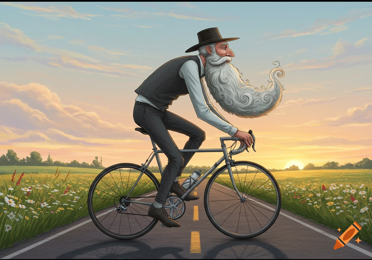 An old man with an extraordinarily long, swirling white beard rides a bicycle down a country road at sunset, passing fields of wildflowers.