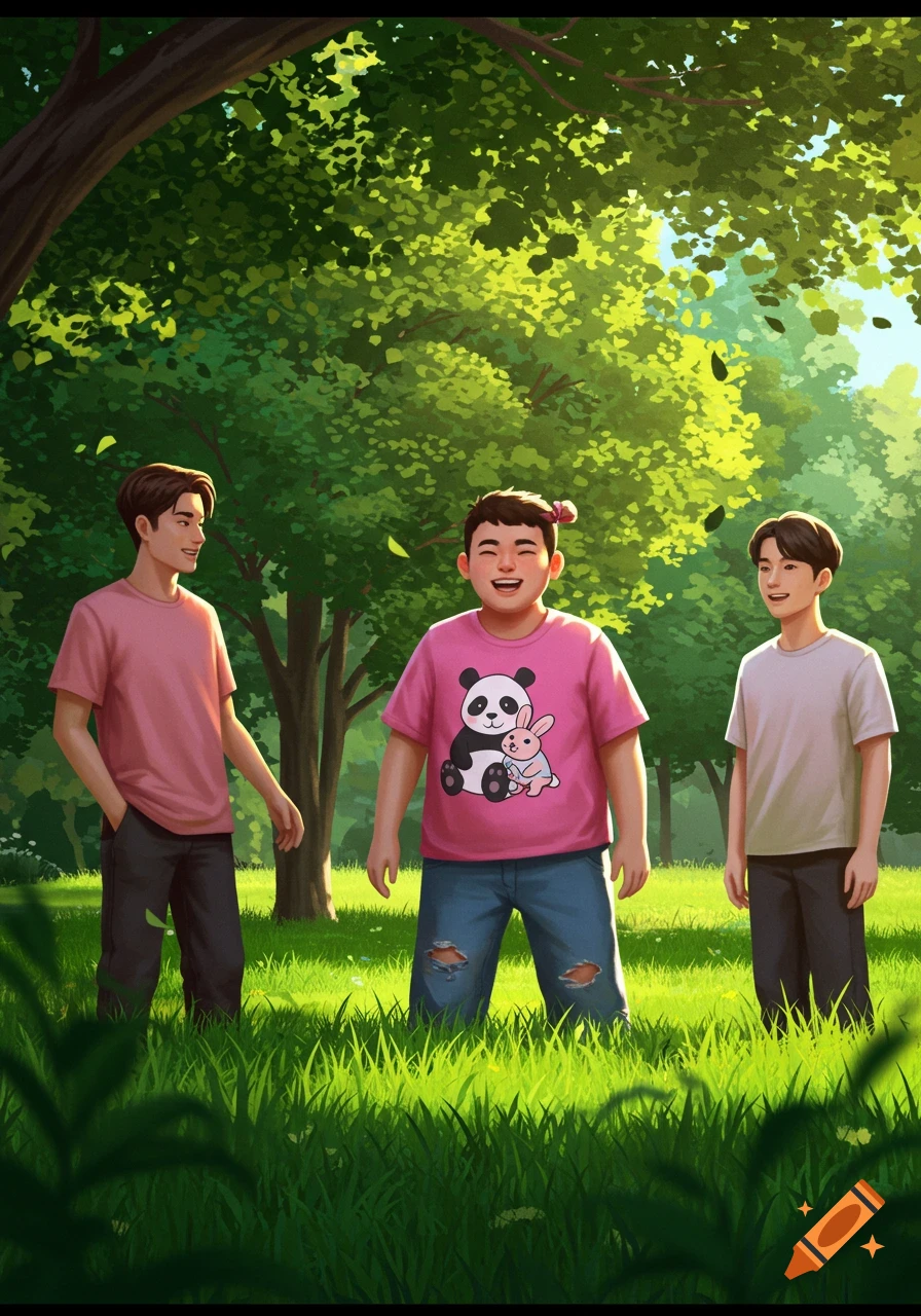 Illustration of three young men in a sunny park, one in a pink shirt with a panda and bunny.