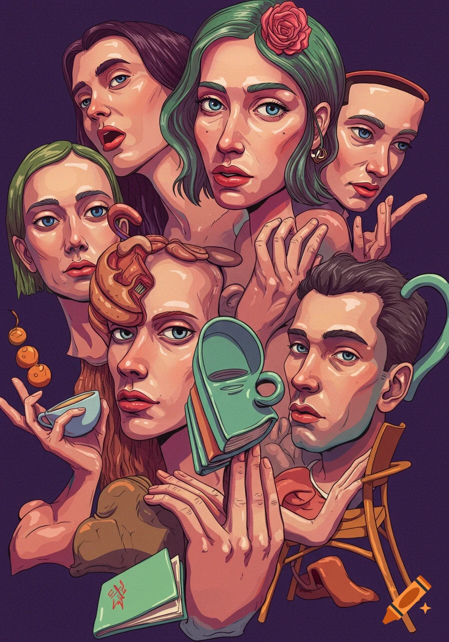 A surreal illustration of multiple distorted faces and hands fused with everyday objects like cups and books on a purple background.