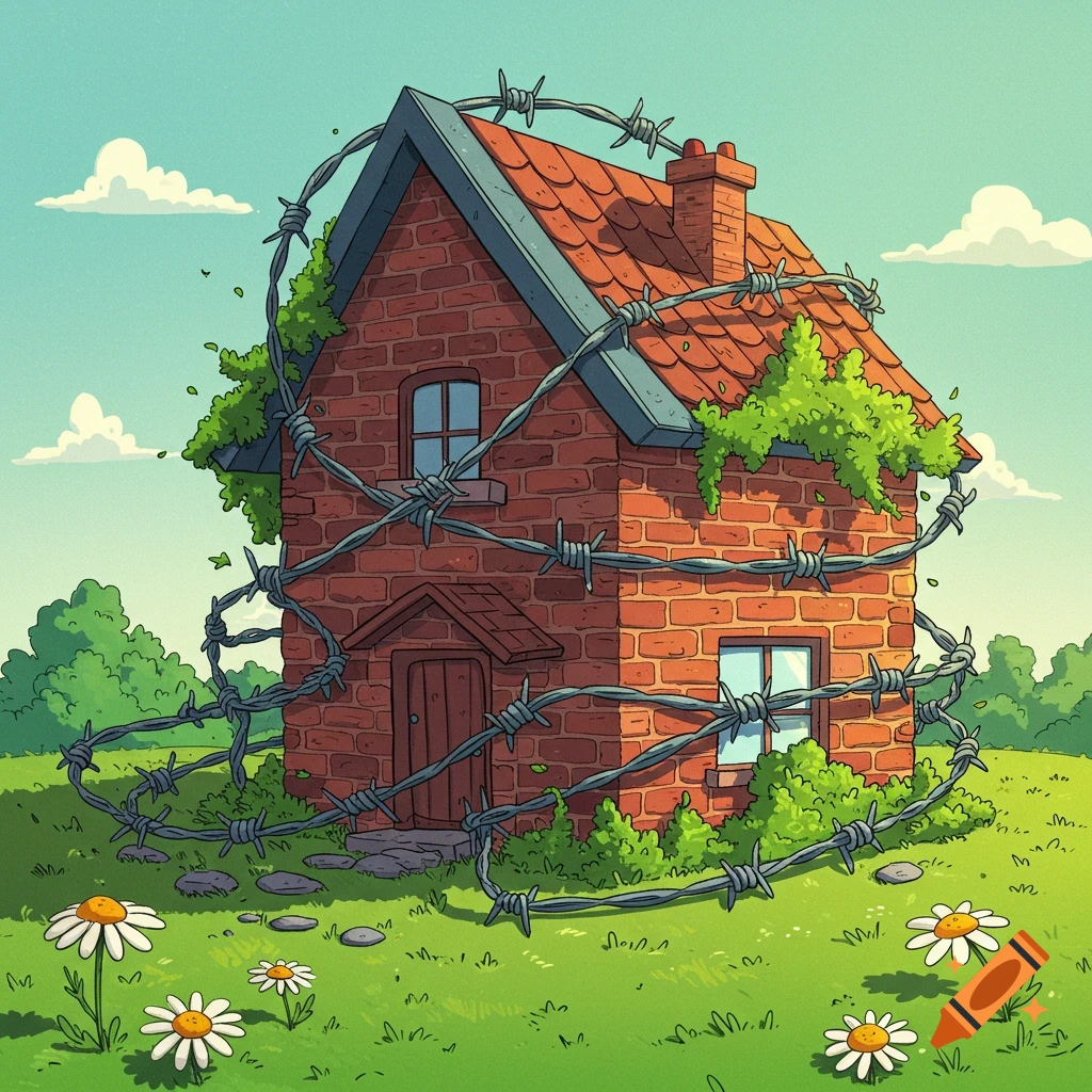 A cartoon brick house with a red roof, wrapped in barbed wire, stands in a green field with daisies under a blue sky.