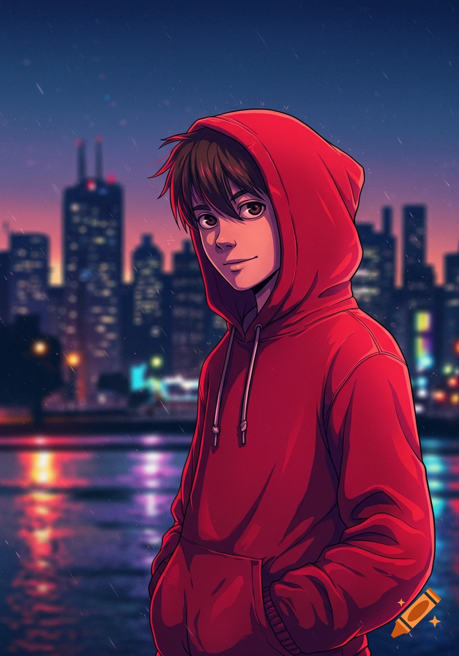 Un Chico, Con Una Sudadera Abierta De Color Blanco Con Las Mangas Rojas Y  El Gorro Negro, Con Una Camisa Negra, Un Pantalón Negro, Y Lentes, Estilo  Anime created on Craiyon, image size:896x1280