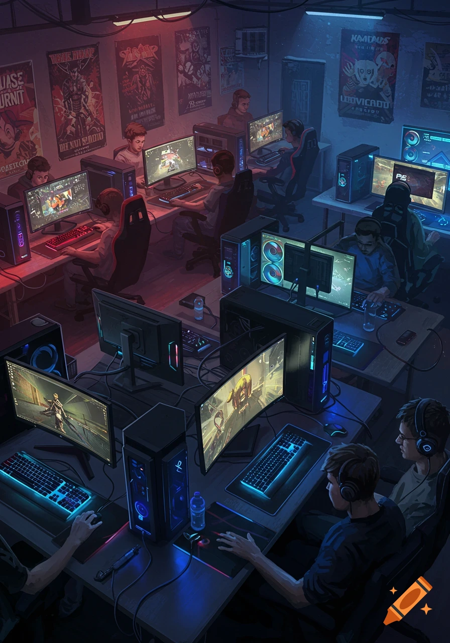 An overhead view of a dimly lit LAN party with many young men playing video games at computer stations with glowing keyboards and monitors.