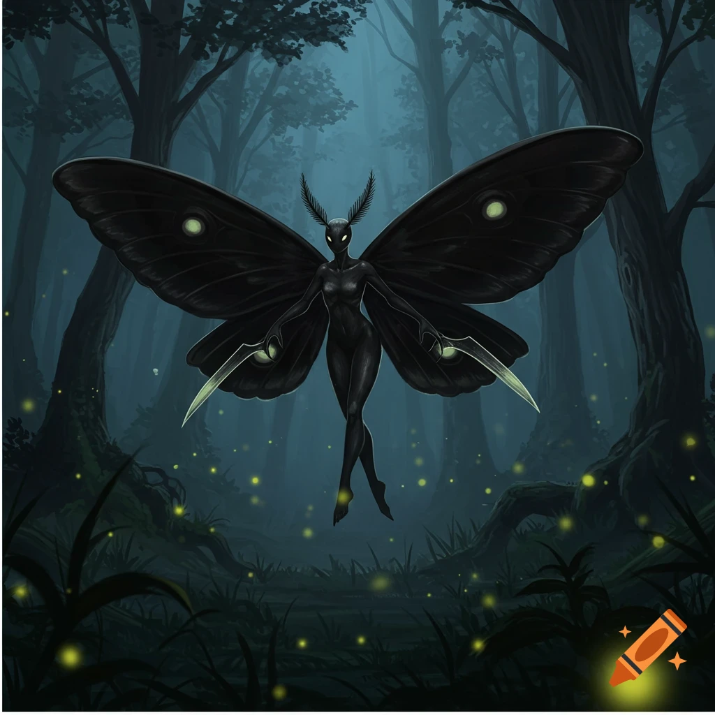 A dark moth-humanoid creature with blade-like claws and glowing eyes hovers in a mystical, misty forest with fireflies.