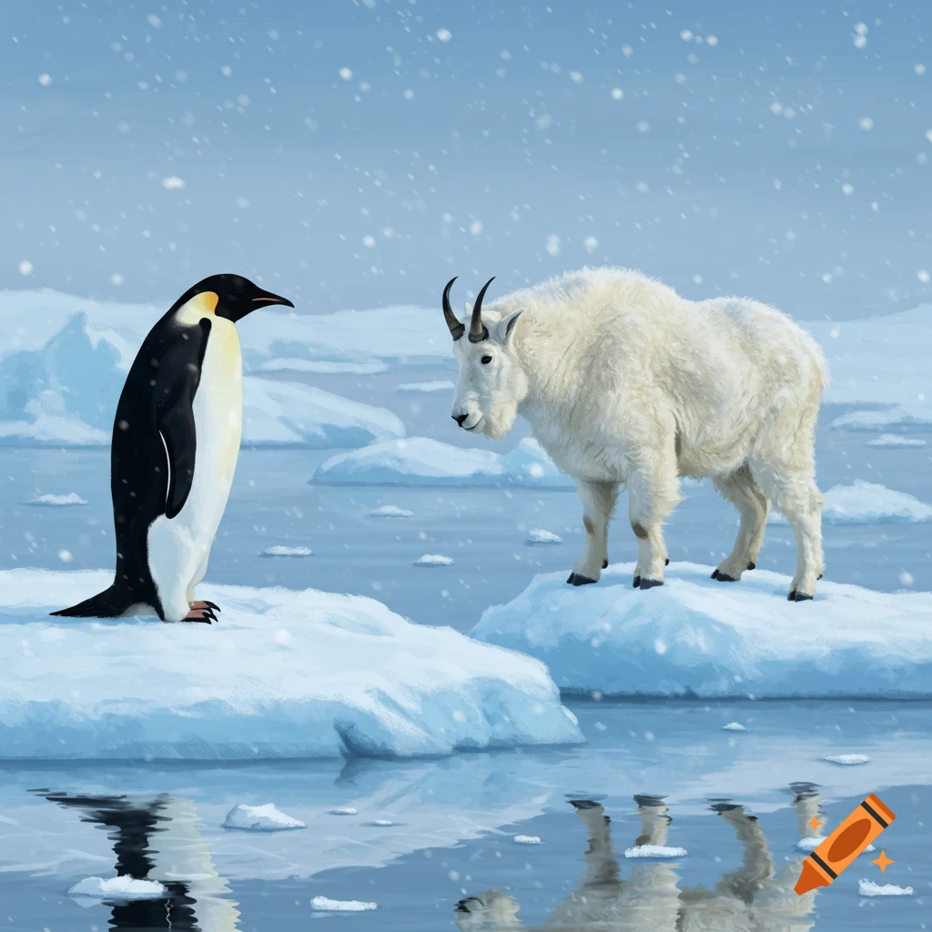 A digital painting shows an emperor penguin and a mountain goat facing each other on ice floes in a snowy, icy blue sea.