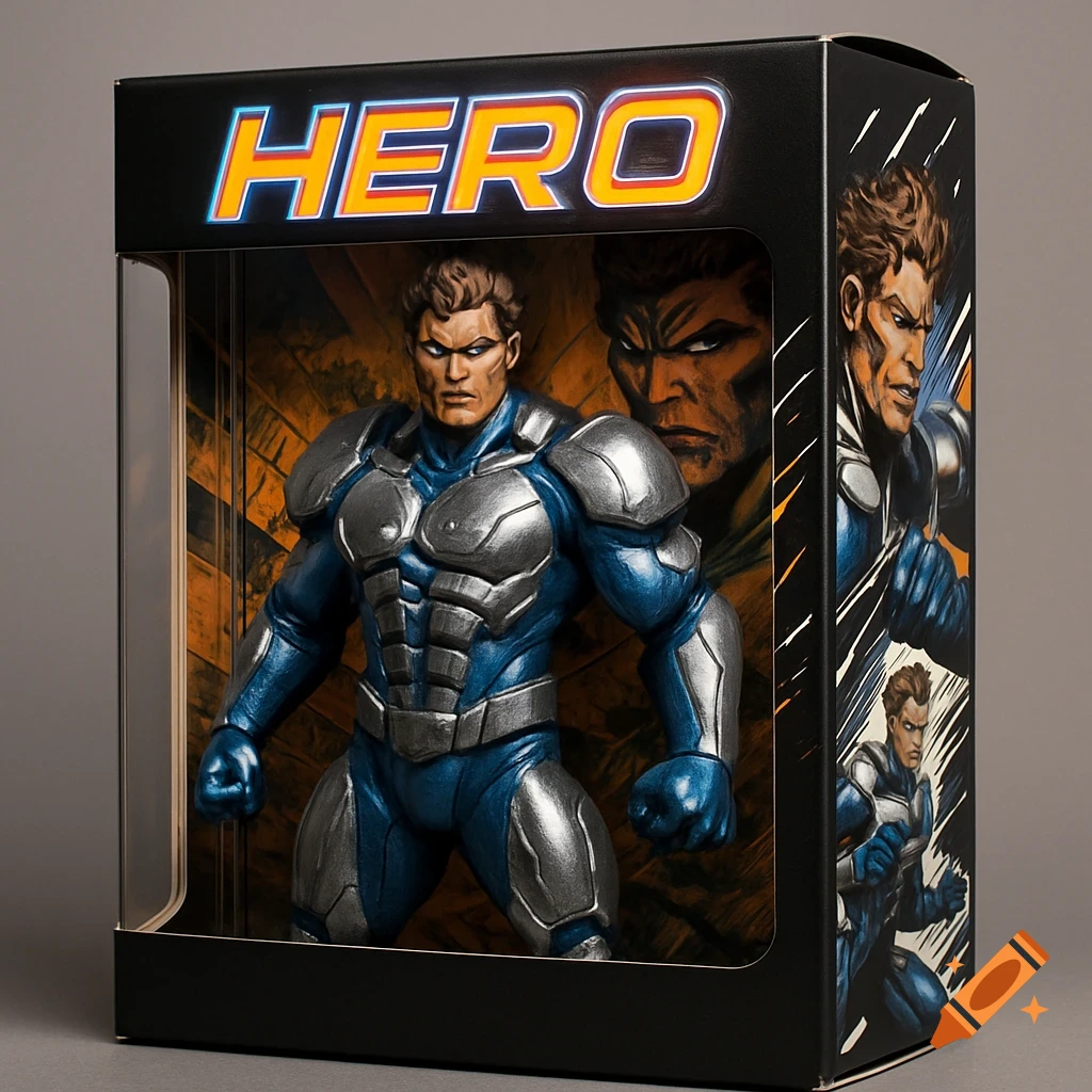 A photorealistic superhero action figure in blue and silver armor, packaged in a box labeled "HERO".