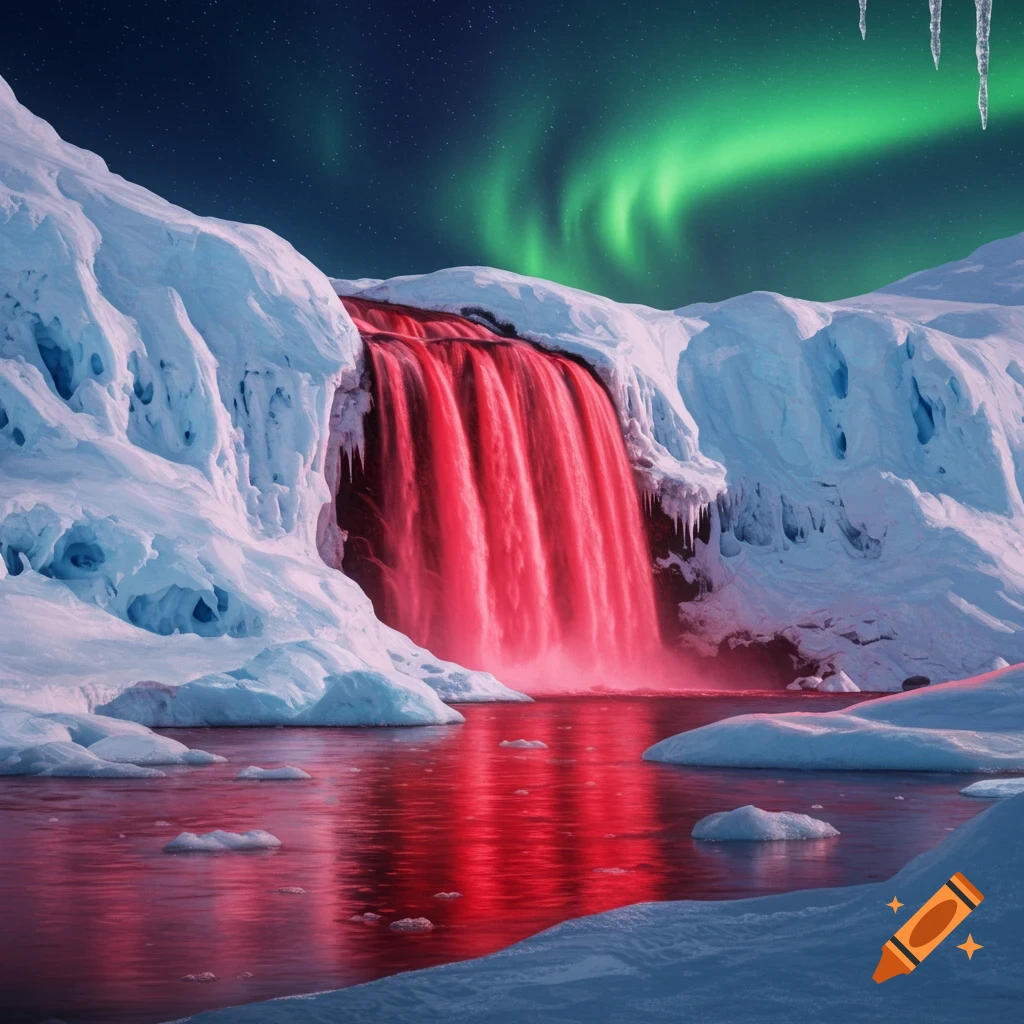 Red waterfall flowing into a crimson lake, surrounded by snowy mountains under a dark sky with a green aurora.