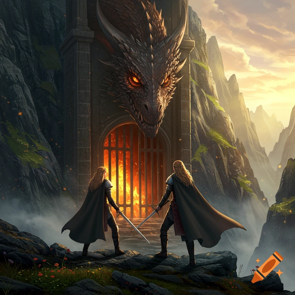 Two warrior women with swords face a large dragon guarding a fiery mountain gate, set against a dramatic fantasy landscape.