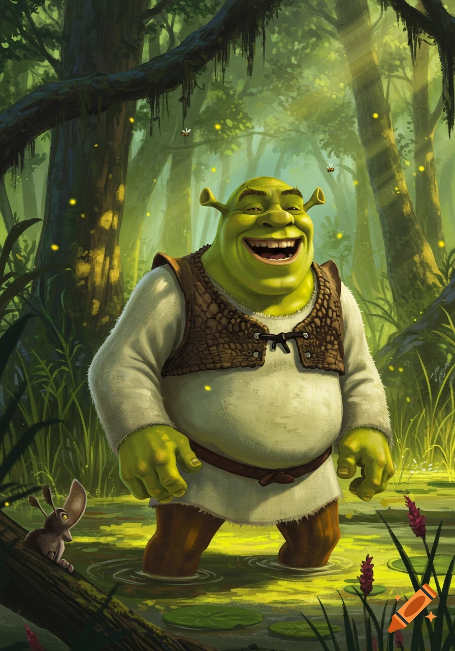 Shrek laughs joyfully in a sunlit, lush green swamp with fireflies and a small creature on a log.