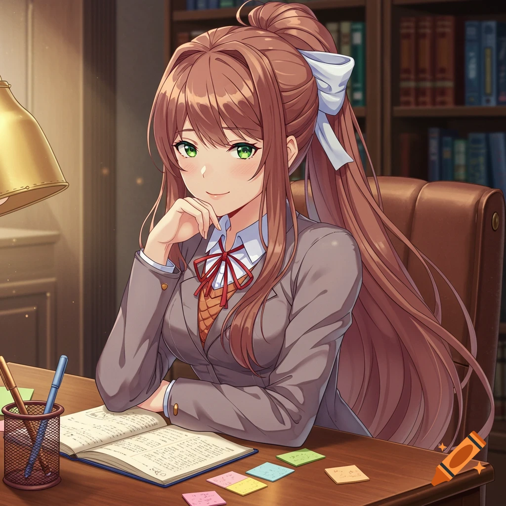 Anime girl Monika with long brown hair, green eyes, and a school uniform sits at a desk with an open book in a library.