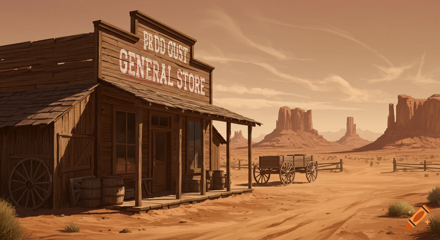 A rustic wooden general store in an old west desert landscape with mesas under an orange sky, illustrated style.