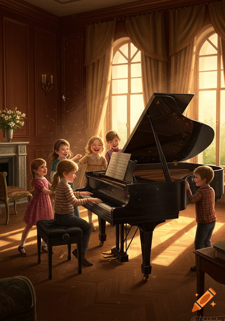 Children joyfully gathered around a grand piano in an elegantly sunlit room, one child playing while others watch and sing along.