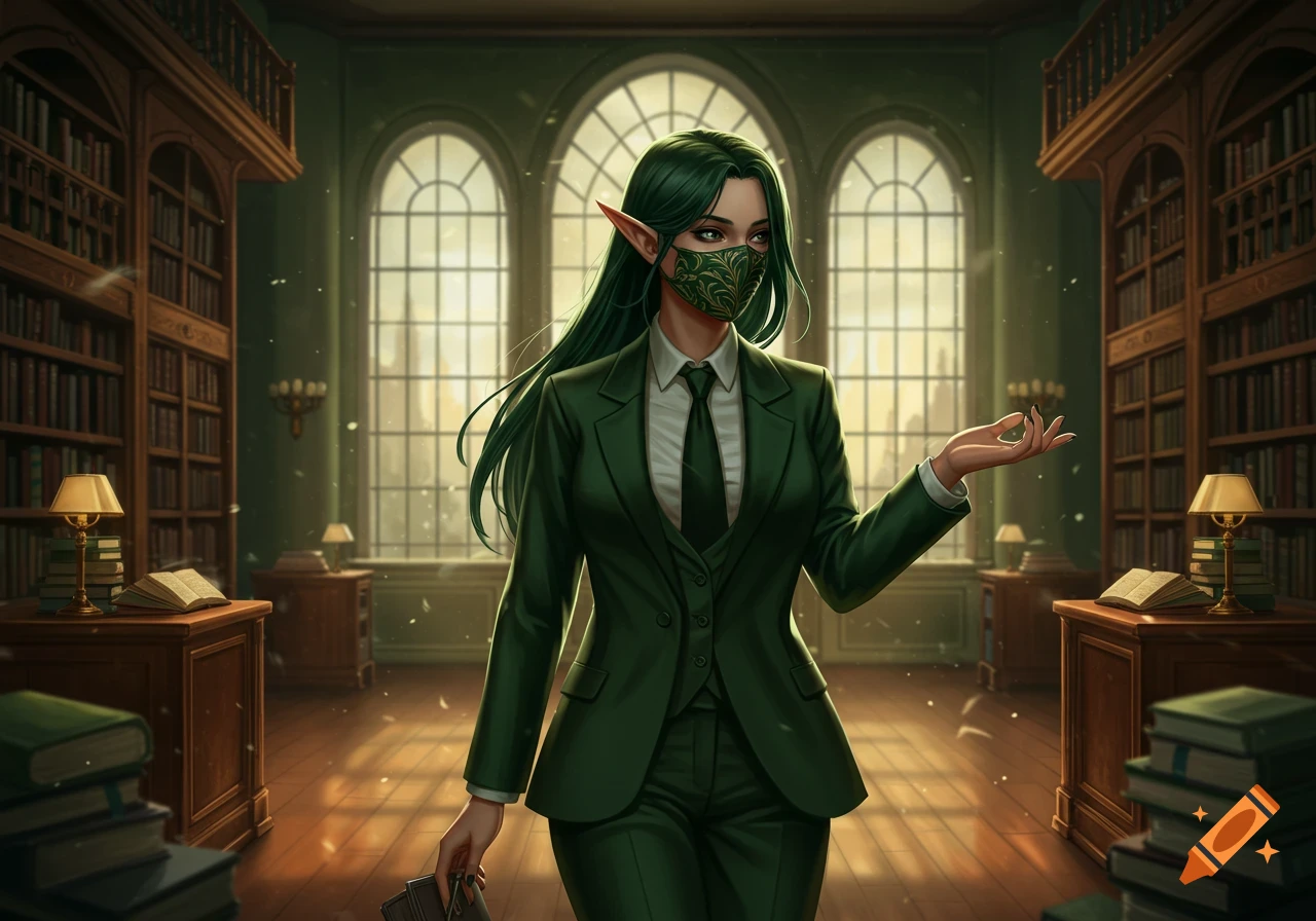 A female elf with long green hair and a patterned face mask, wearing a green office suit, stands in a grand library.