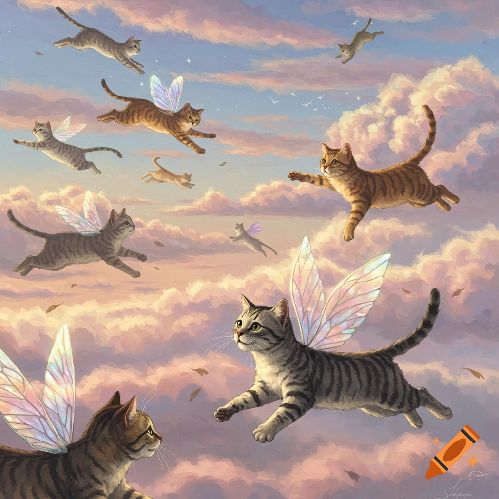 Multiple winged cats with tabby stripes fly gracefully through a pastel-colored, cloudy sky at sunset.