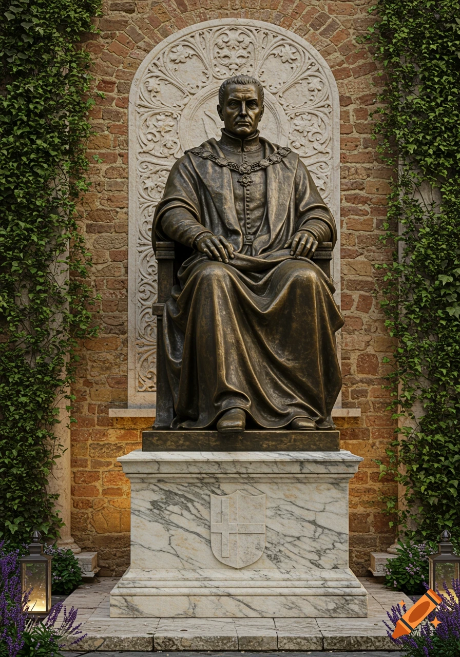 Photorealistic bronze statue of a seated man in robes on a marble pedestal, set against an ivy-covered brick wall.