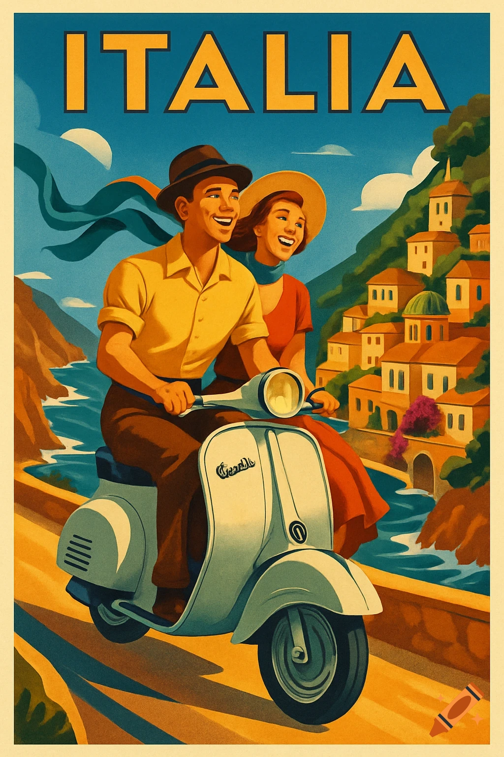 Vintage travel poster for Italy: a smiling couple on a scooter on a coastal road, with a hillside village and the sea. Text 'ITALIA'.