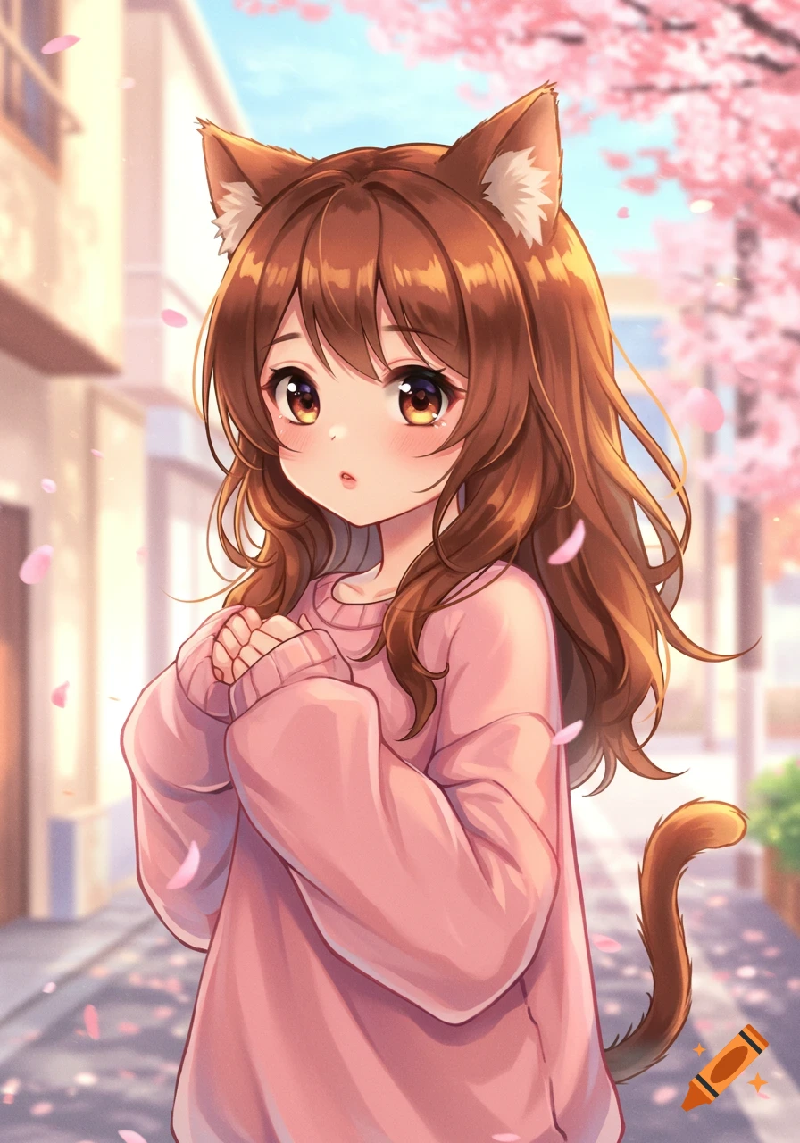 An anime catgirl with auburn hair and a pink sweater stands outdoors with falling cherry blossoms.