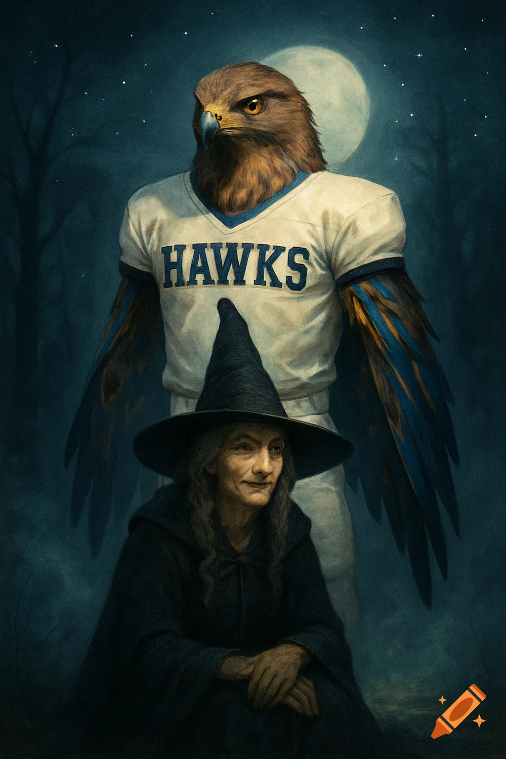 An anthropomorphic hawk in a football uniform stands behind a witch with long hair and a pointed hat, under a full moon.